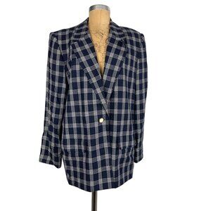 Country Suburbans Navy Blue White Plaid Blazer Authentic Vintage Oversized Jacke